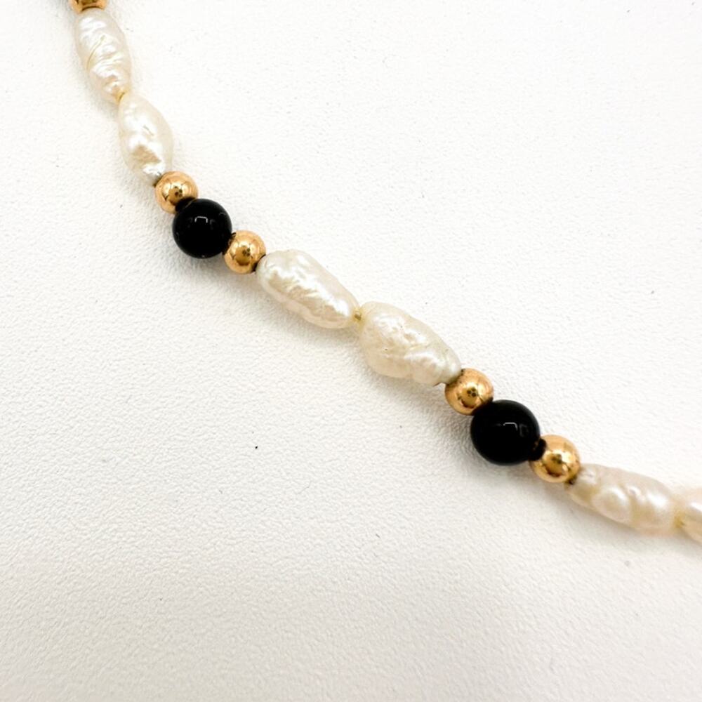 14k Yellow Gold Estate Freshwater Pearl and Black Onyx Necklace Vintage Estate - Picture 13 of 13